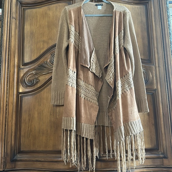 NEW Venus Crochet Faux Suede Fringed Brown Women's Cardigan Sweater Medium - Picture 6 of 13